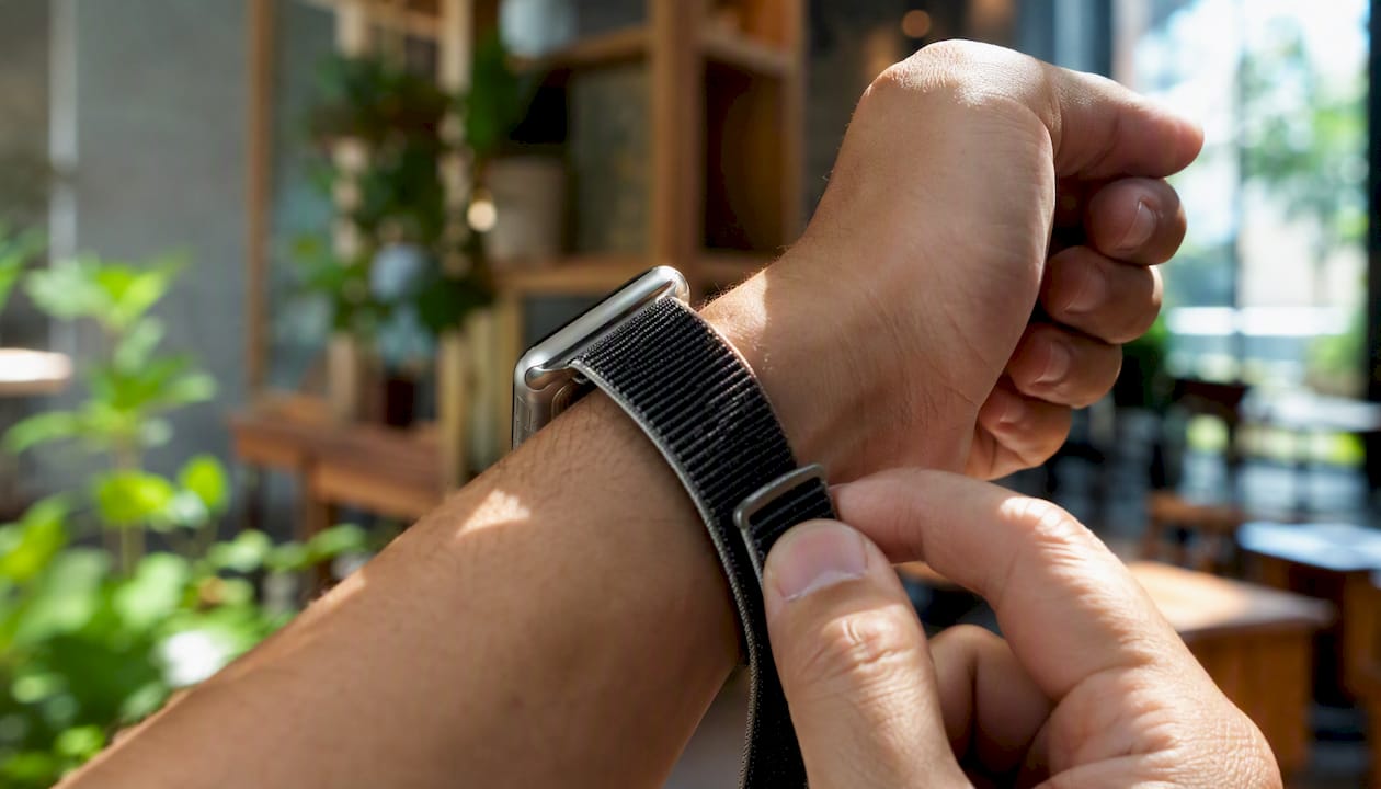 Eine Hand wechselt das Armband der Apple Watch direkt am Handgelenk.