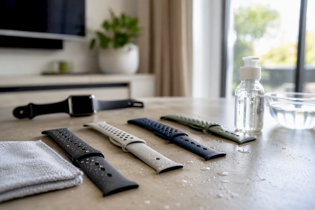 Apple-Watch-Armband und Reinigungsmittel auf dem Tisch