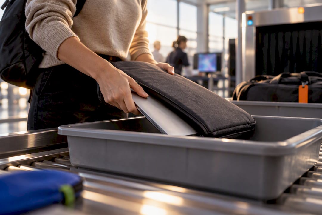 Laptop-Hülle bei der Sicherheitskontrolle am Flughafen