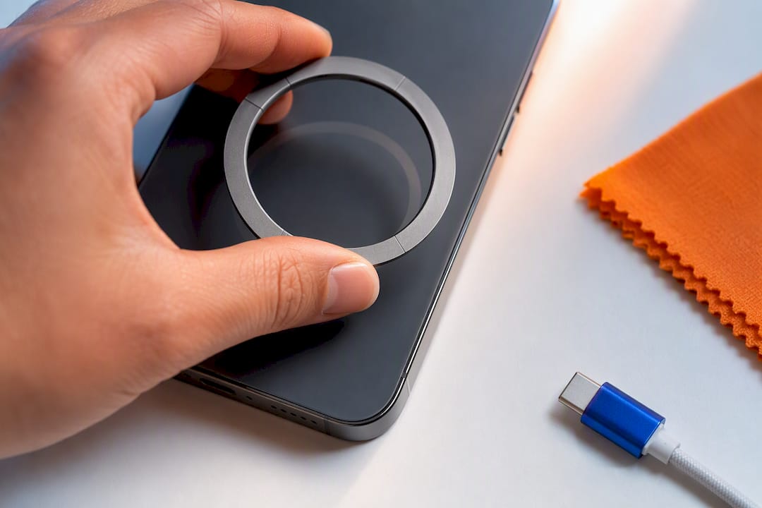 Hand fühlt den magnetischen Zubehör-Ring am Smartphone ab