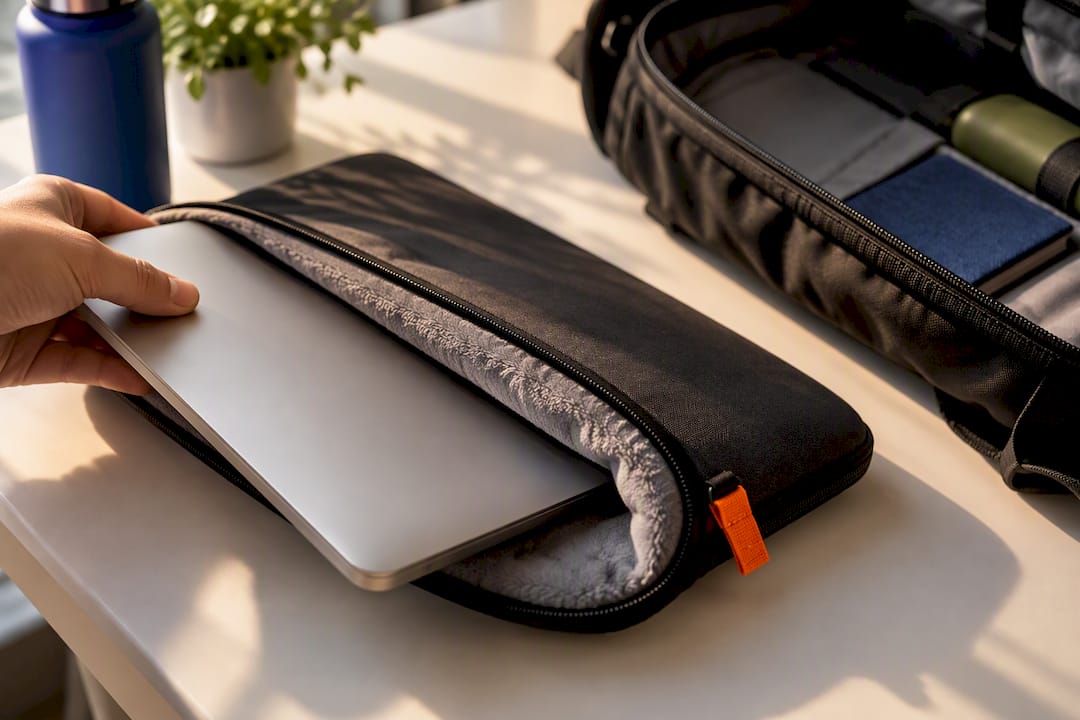 Die Laptopkante gleitet sanft in das gepolsterte Sleeve.