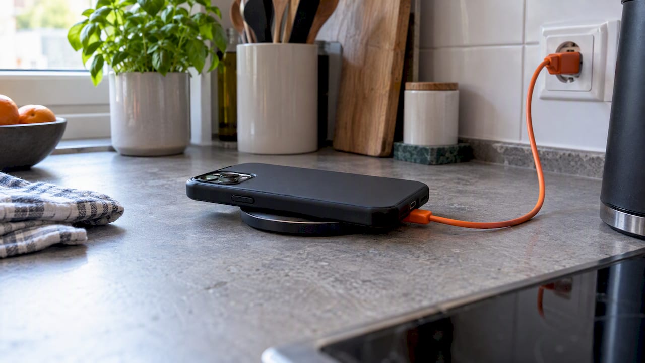 iPhone mit Hülle auf kabellosem Ladegerät