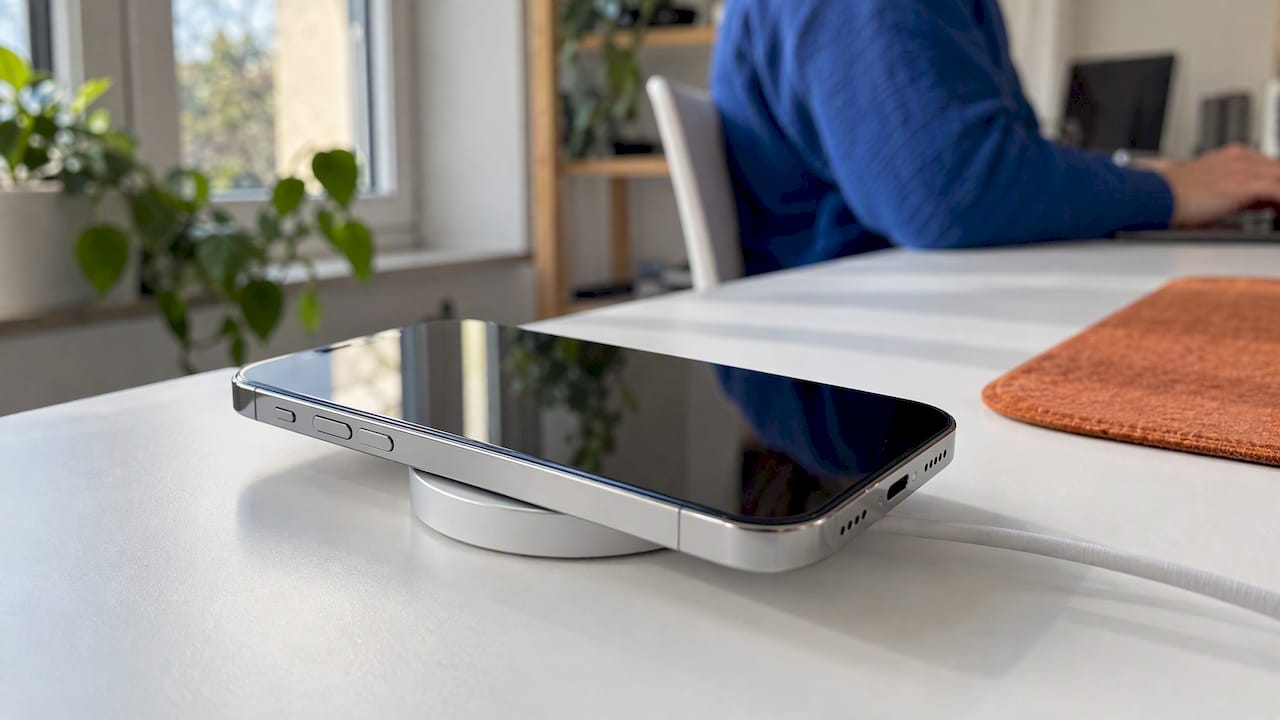 iPhone mit Displayschutz auf einem MagSafe-Ladegerät
