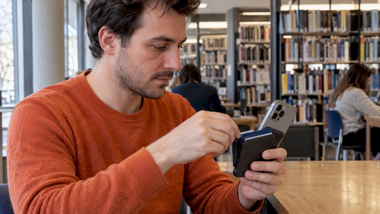 Jemand schaut sich die Karten im MagSafe Wallet auf dem iPhone an