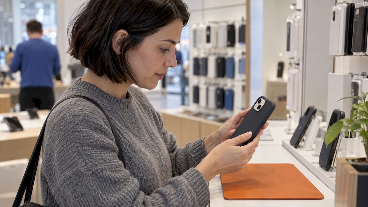 iPhone 15 in einer älteren Hülle auf der Zubehörtheke