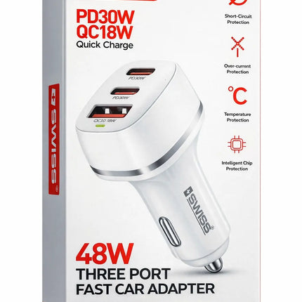 Car charger with USB-C and USB 3 ports 48W - White