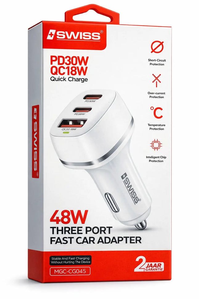 Car charger with USB-C and USB 3 ports 48W - White