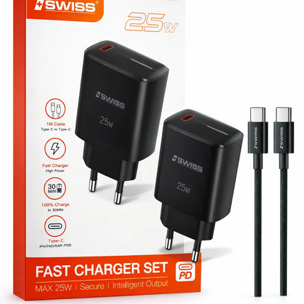 USB-C Ladegerät Set inklusive Ladegerät und Kabel 1 Meter - Schwarz
